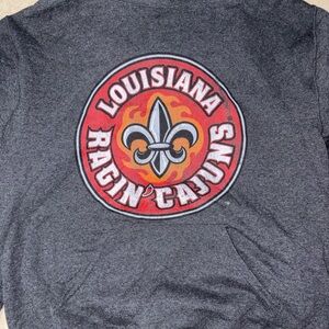 Jerzees Dark Gray Hoodie with Louisiana Ragin’ Cajun Red, Orange, and White Logo